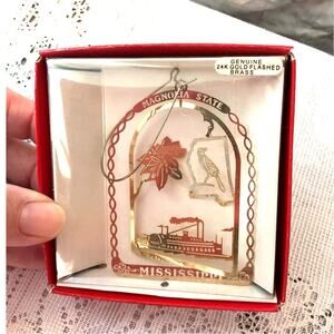 Vintage Indiana State Bird & Flower Ornament 24K Gold Finish